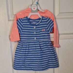 NWT Carter's Blue Striped Dress with Coral Long Sleeve Onesie